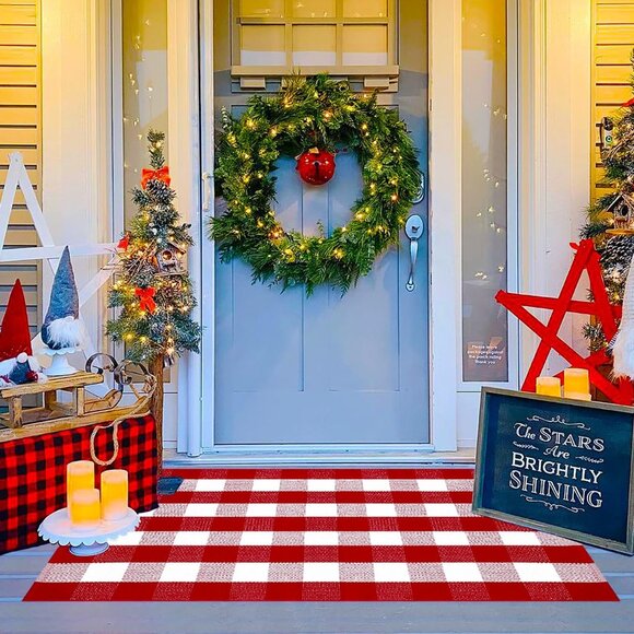 Red and White Plaid Rug 3' x 5' Christmas Front Porch Outdoor Rug Handwoven Co